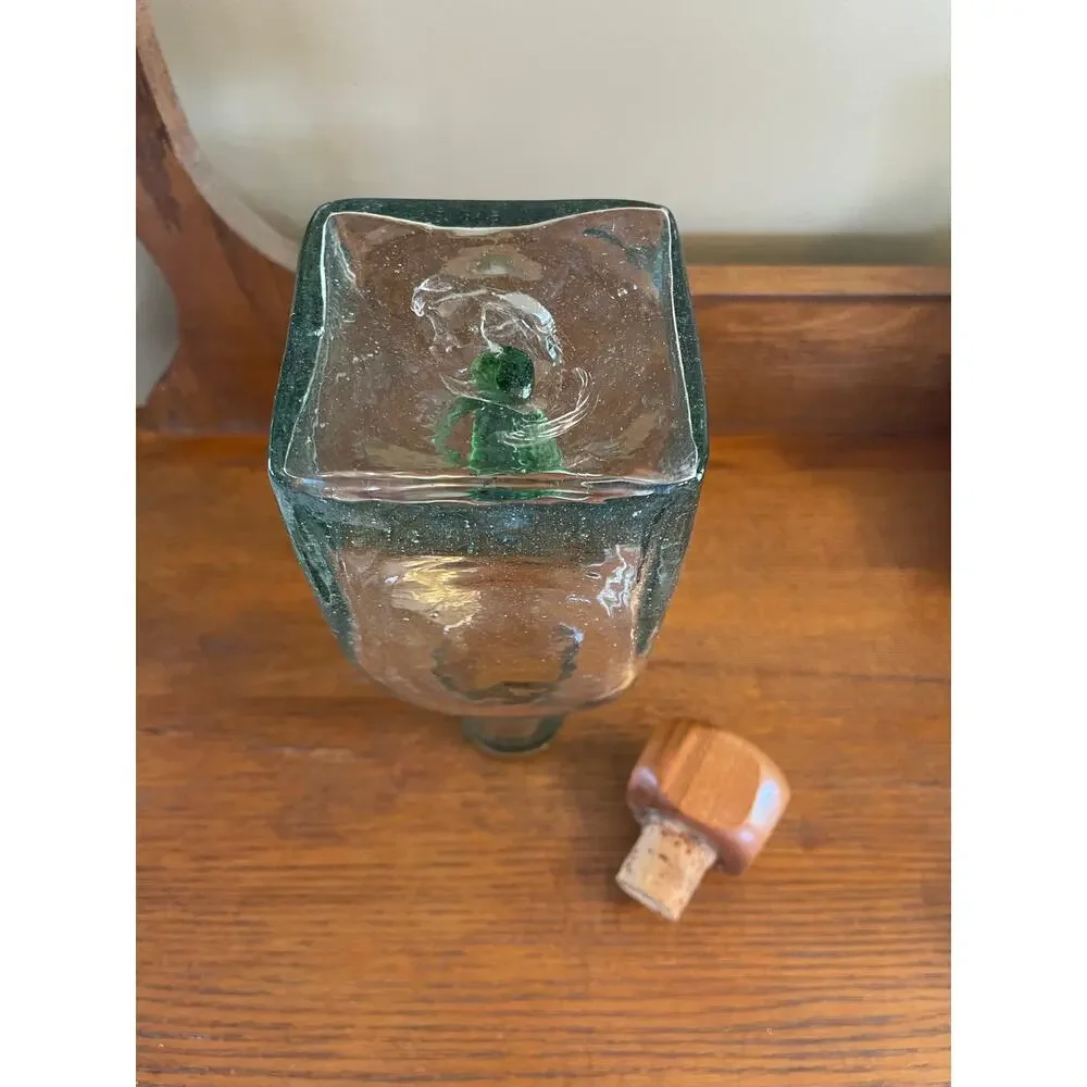 Casta Green Hand Blown Tequilla Bottle w/ Glass Agave Inside & Wood / Cork Top